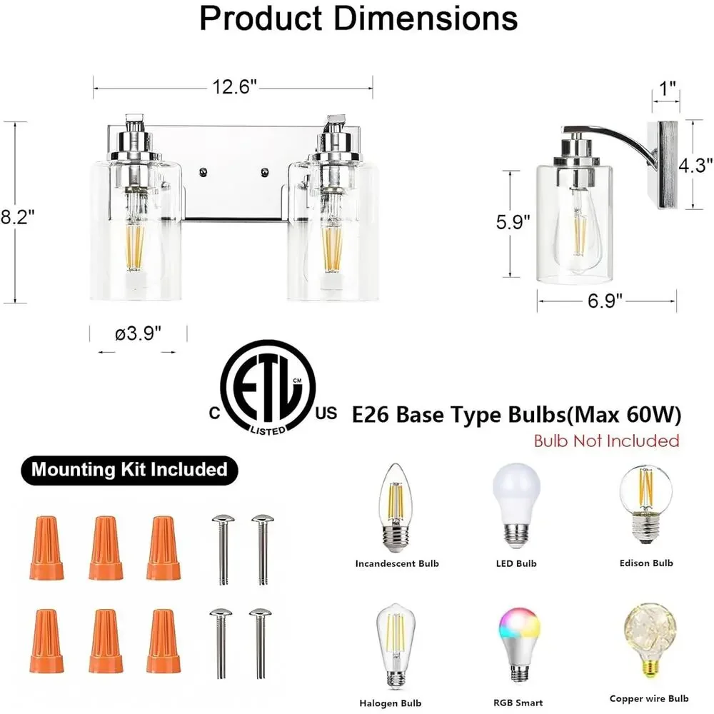 2-Light Chrome Bathroom Vanity Light Clear Glass Wall Sconce Modern